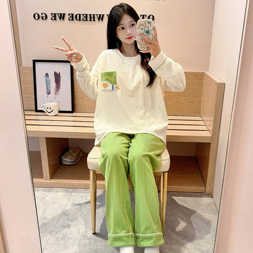 秋季新款学生家居服可外穿带胸垫睡衣女春秋季提花棉长袖圆领甜美可爱可外穿女士家居服套装 商品图9