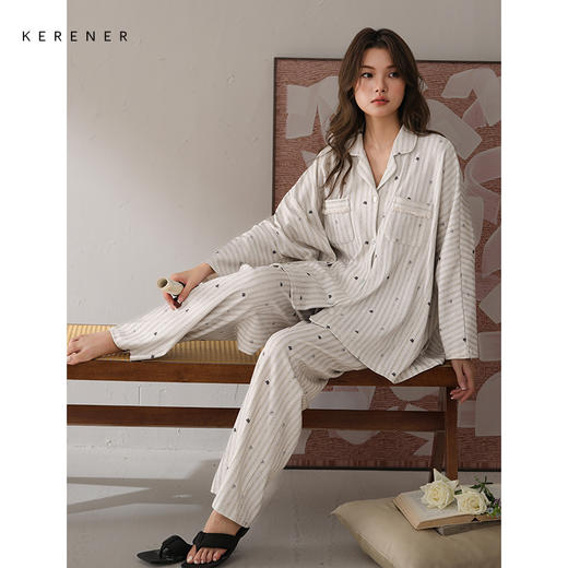 可人儿春秋季带胸垫奥力棉女士长袖长裤睡衣可外出纯棉家居服套装 商品图2