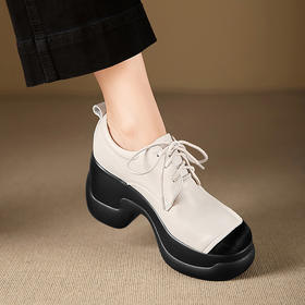 【预售5天】英伦风厚底松糕小皮鞋女软皮软毛新款春秋季高跟粗跟系带单鞋MQE&G150-6