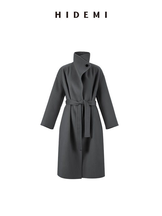 HIDEMI 澳洲美利奴羊毛长毛不规则剪裁门襟堆堆领长款大衣 商品图10