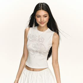 Ariseism美式复古设计感白色暗纹花朵图案无袖背心女夏季新款上衣