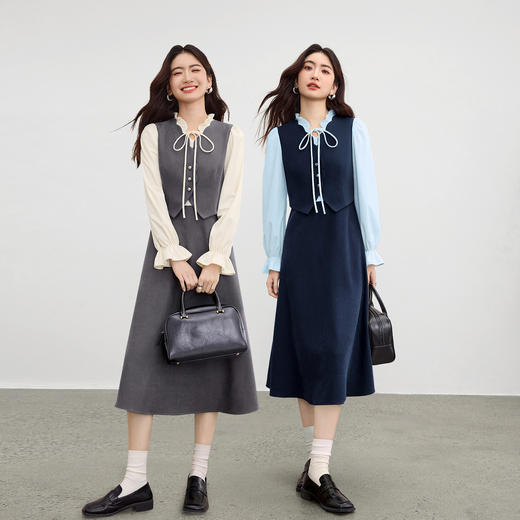 【内购】【拼接连衣裙】都市荷叶领系带泡泡袖上身马甲拼接X型收腰裙-153LA3120 商品图2