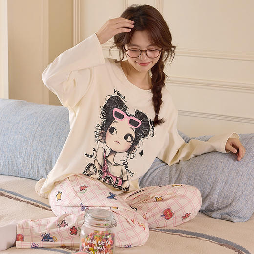 家居服新款学生可爱带胸垫睡衣女秋季套头长袖长裤甜美少女格子卡通可外穿秋冬家居服 商品图10