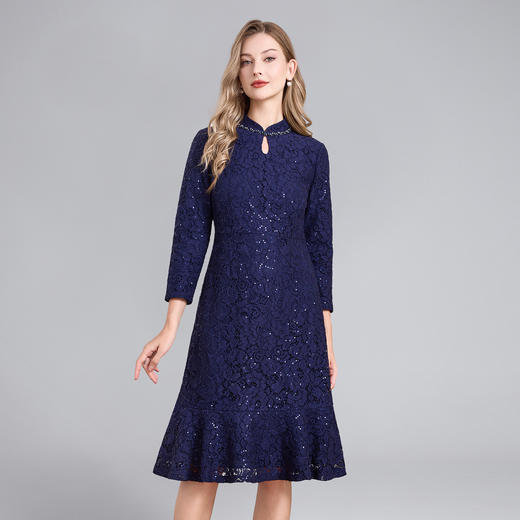 「高货deo」全新升级【铂金会员468/天猫629/差价161】(00724)洛诗琳新款蕾丝连衣裙2025秋季气质优雅立领收腰鱼尾裙 商品图3