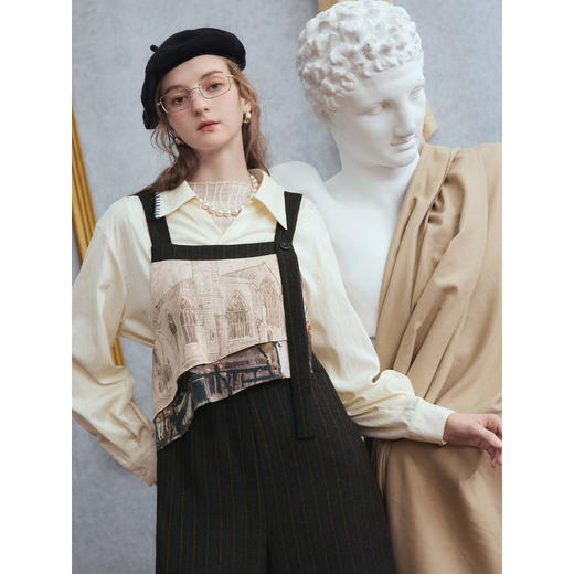 两三事梵高文艺 薄絮间影 2025秋季新款复古印花拼接条纹背带裤女 商品图1