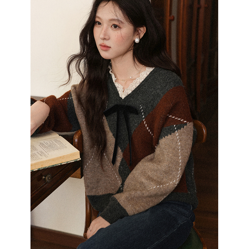 鹿向南「梧桐树影」慵懒分花色气质毛衣女秋季设计感法式长袖上衣