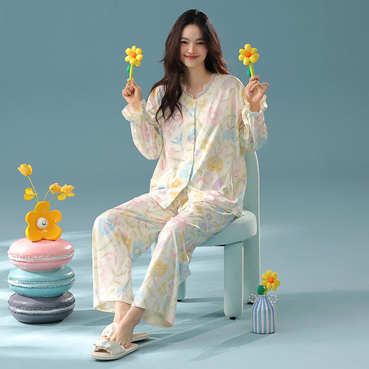 【抗菌新疆棉】自然醒「莫奈花园」秋季纯棉A类睡衣长袖女士家居服套装JLM 商品图10
