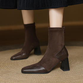 【预售5天】法式方头气质绒面瘦瘦靴女秋冬新款拼接弹力短靴单靴SP&A1361