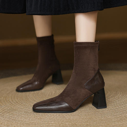 【预售5天】法式方头气质绒面瘦瘦靴女秋冬新款拼接弹力短靴单靴SP&A1361 商品图0