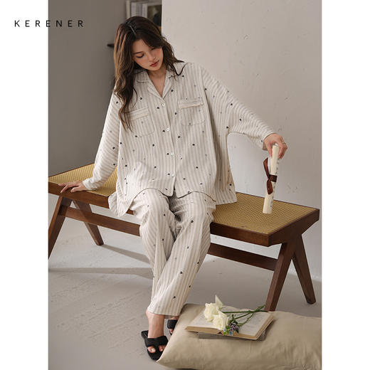 可人儿春秋季带胸垫奥力棉女士长袖长裤睡衣可外出纯棉家居服套装 商品图3