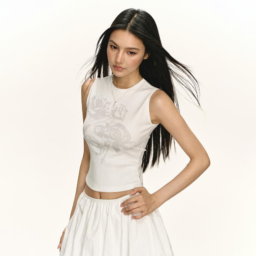 Ariseism美式复古设计感白色暗纹花朵图案无袖背心女夏季新款上衣 商品图1