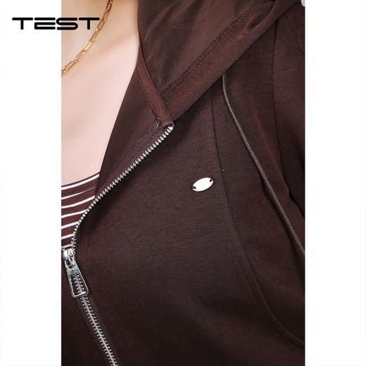 秋上新休闲风棕色拉链连帽上衣配条纹背心与阔腿裤套装裤4253044 商品图2