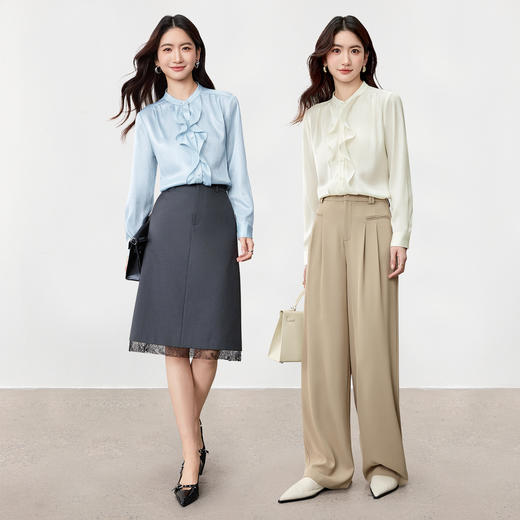 【内购】【荷叶边】优雅通勤立领单排扣肌理缎感雪纺长袖衬衫-153CC2512 商品图2