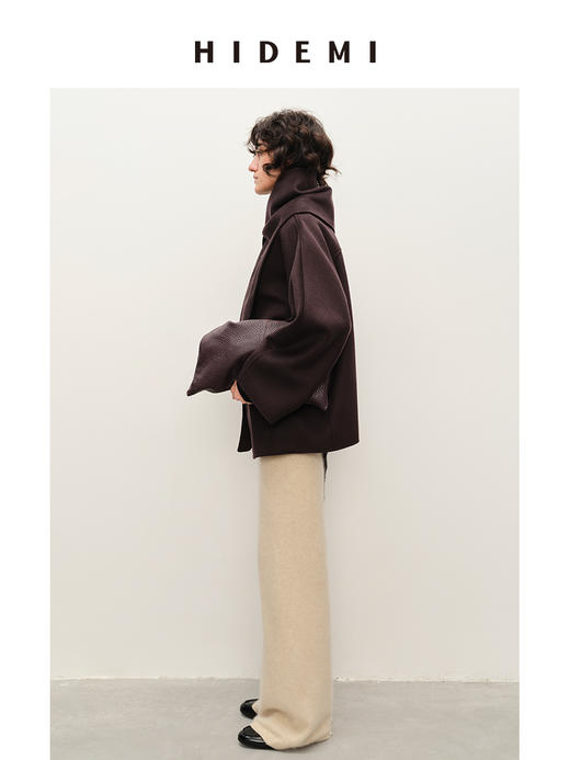 HIDEMI 深咖色分体披肩式纽扣设计感美利奴羊毛双面呢大衣外套女 商品图4