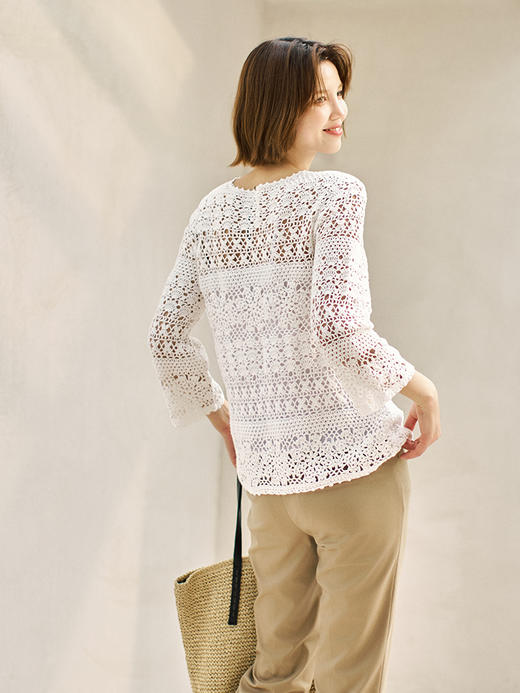 23区日系秋季通勤直筒全棉圆领套头镂空针织衫手工编织衫商场同款 商品图3