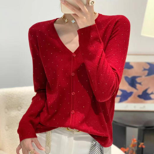 女士内搭长袖针织水钻V领针织开衫【FF25851】 商品图3