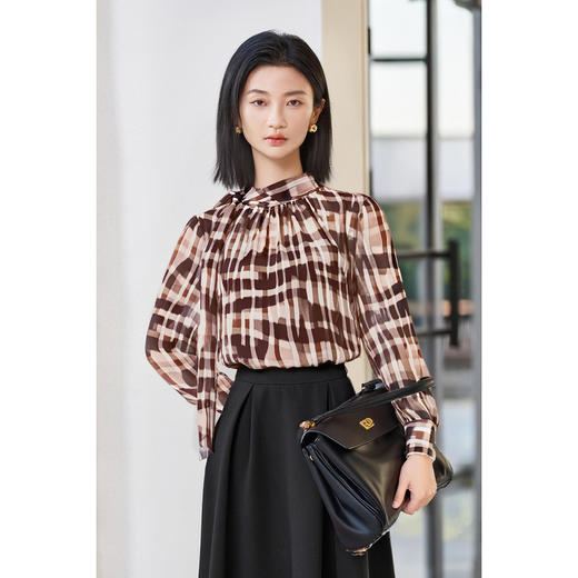 剩S/M/L 米思阳2026春新款优雅复古风格纹立领衬衫宽松舒适上衣女3432 商品图2