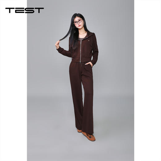 秋上新休闲风棕色拉链连帽上衣配条纹背心与阔腿裤套装裤4253044 商品图1