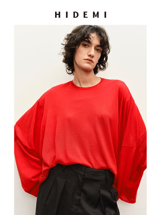 HIDEMI 澳洲进口美利奴羊毛松弛感蝙蝠袖落肩休闲慵懒针织长袖毛衣 商品图1