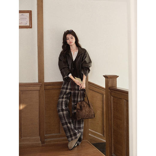 鹿向南「巧克栗」咖色格子高腰休闲裤女秋季新款宽松慵懒直筒长裤 商品图2