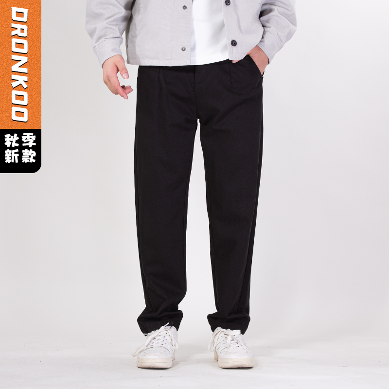 DRONKOO 2025 正常腰左袋金属标斜纹针织基础款中厚休闲长裤