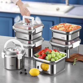 【芬兰MISANBROO】米膳葆抗菌型316不锈钢按压式抽真空保鲜盒 圆形 2000ml