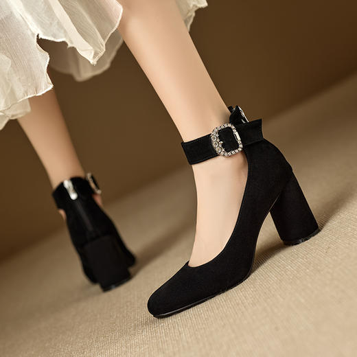 【预售5天】黑色翻毛皮玛丽珍鞋女粗跟法式高跟鞋真皮一字带浅口单鞋MNLS&D2549 商品图0