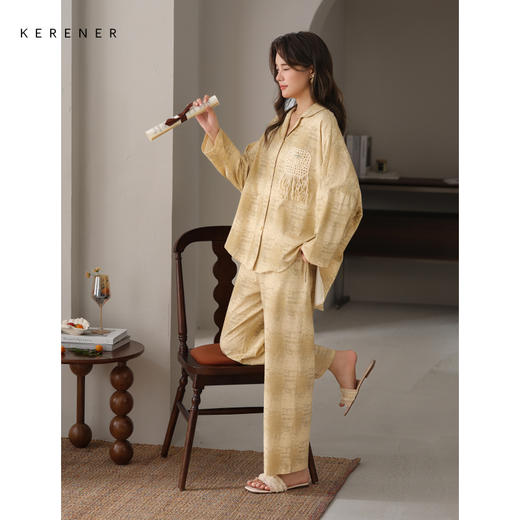 可人儿春秋季带胸垫奥力棉女士长袖长裤睡衣可外穿纯棉家居服套装 商品图1