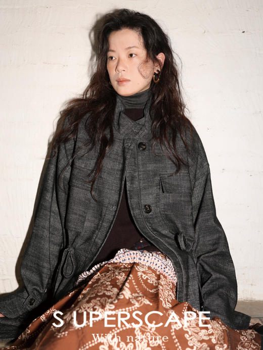 素舶 亚麻棉混纺肌理感立领工装大口袋抽绳短风衣夹克外套 商品图0