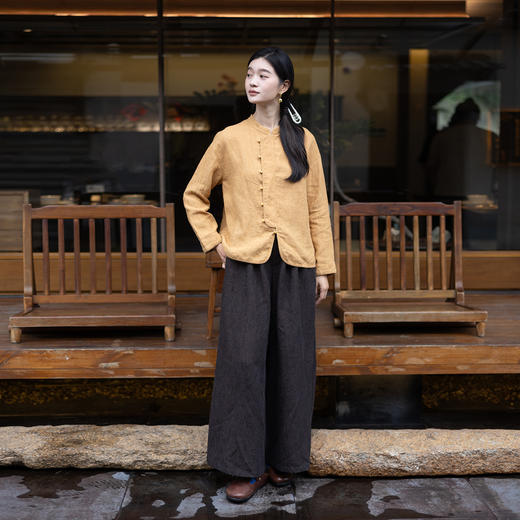 特绽放619朵/色织亚麻立领斜襟系扣落肩文艺长袖新中式衬衫女衬衣 商品图2