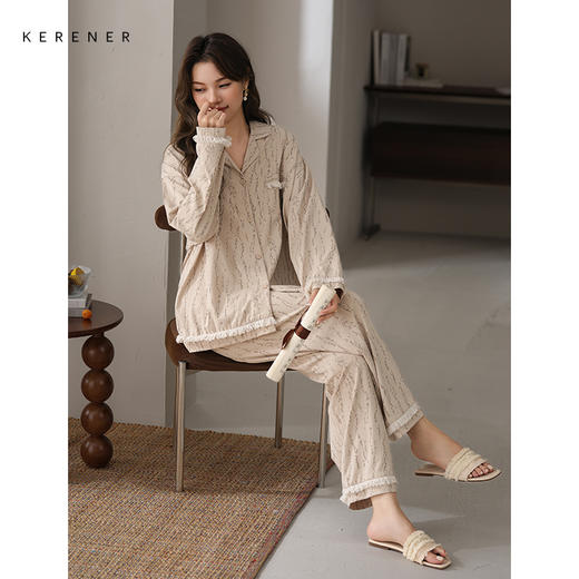 可人儿春秋季带胸垫奥力棉女士长袖长裤睡衣可外出纯棉家居服套装 商品图2