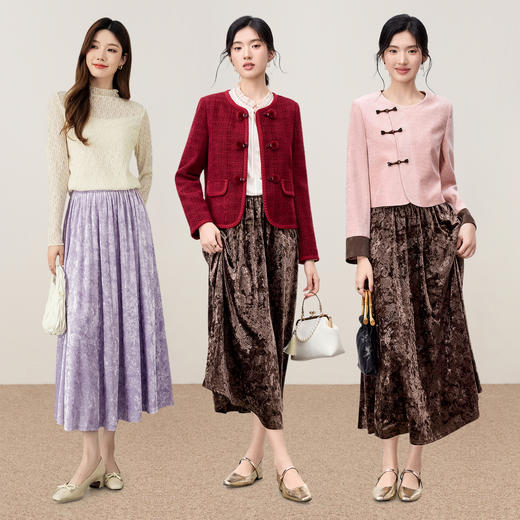 【内购】【遮肉显瘦】优雅通勤梨型身材松紧腰玫瑰花肌理钻石绒伞裙半身裙-Q53QG3724 商品图2