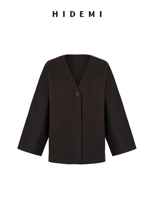 HIDEMI 深咖色分体披肩式纽扣设计感美利奴羊毛双面呢大衣外套女 商品图7