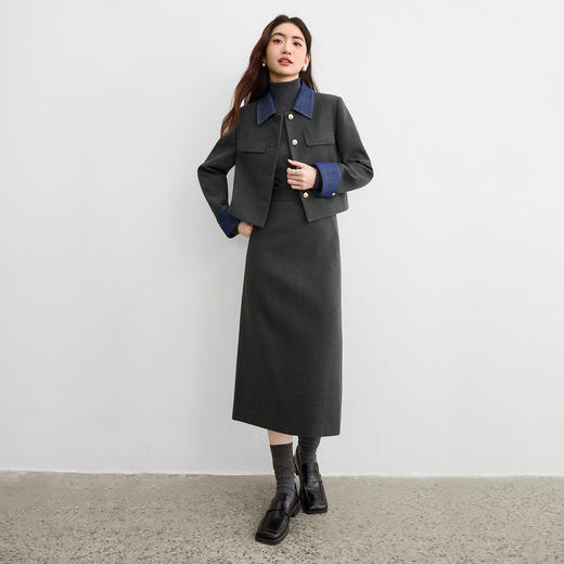 【内购】【免搭配套装】通勤撞色翻领垫肩短款厚外套&高腰开叉直筒裙-154ZA3459 商品图2