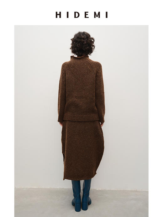 HIDEMI美利奴羊毛巧克力花纱立领极简厚款套装 毛衣/茧型半裙 商品图5
