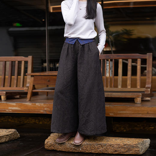 绽放593朵/加厚色织亚麻拼提花翻边半腰松紧阔腿裤松弛感休闲裤女 商品图0