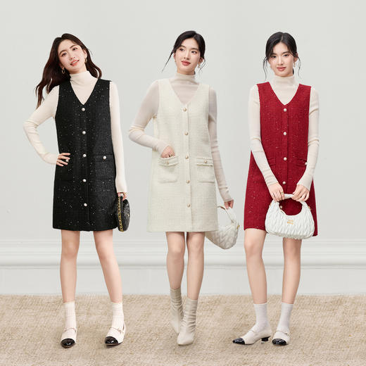 【内购】【璀璨亮片】优雅V领金属珍珠扣假门襟粗花呢小香风背心裙连衣裙-153LB3340 商品图2