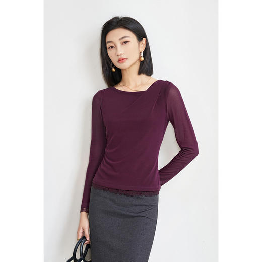 剩S/M/L/XL 西梅紫一字领T恤 米思阳2026春季新款纯色百搭长袖T恤女4397 商品图0