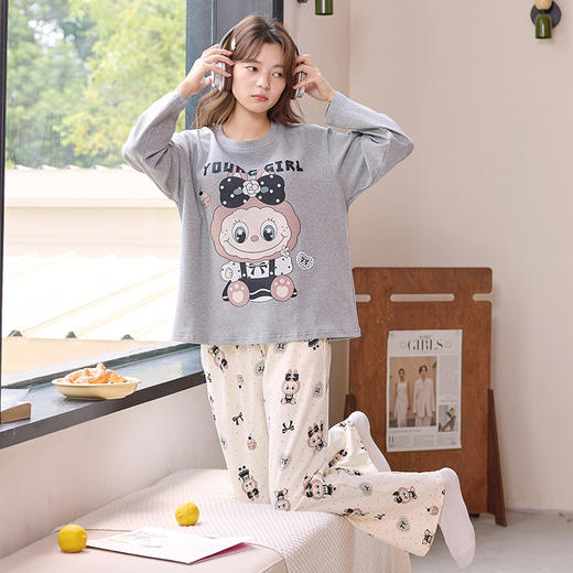 家居服新款学生可爱带胸垫睡衣女秋季套头长袖长裤甜美少女格子卡通可外穿秋冬家居服 商品图13