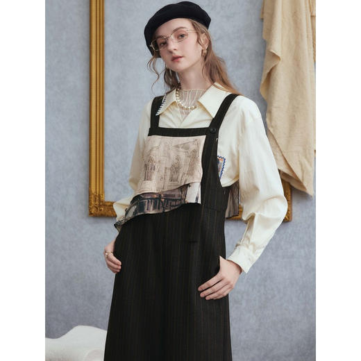 两三事梵高文艺 薄絮间影 2025秋季新款复古印花拼接条纹背带裤女 商品图2