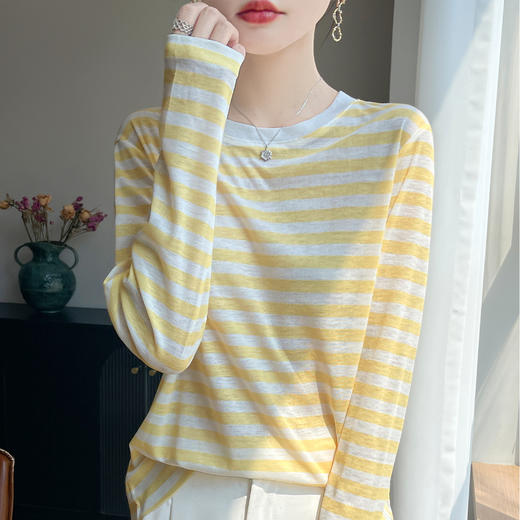 奥伊米初秋100%天丝初秋圆领条纹撞色薄款打底衫YTMA110 商品图4