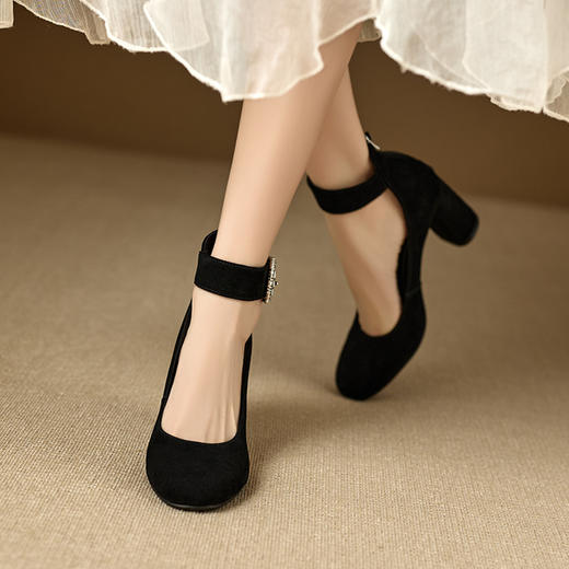 【预售5天】黑色翻毛皮玛丽珍鞋女粗跟法式高跟鞋真皮一字带浅口单鞋MNLS&D2549 商品图3