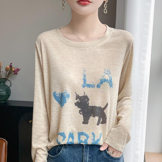 奥伊米初秋百搭100%天丝初秋圆领小狗印花薄款打底衫YTMA120 商品图3