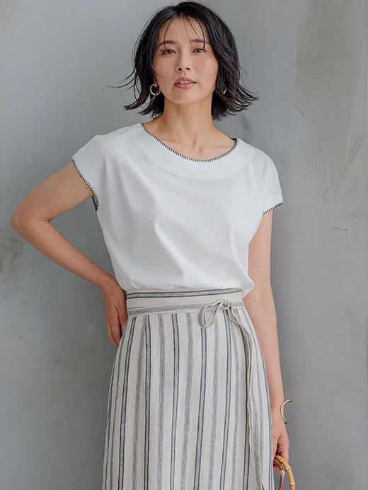 23区日系春季通勤宽松棉镶边圆领套头短袖T恤内搭针织衫商场同款 商品图0