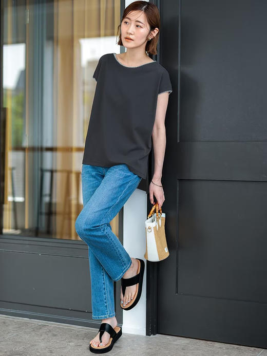 23区日系春季通勤宽松棉镶边圆领套头短袖T恤内搭针织衫商场同款 商品图1