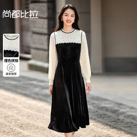 【内购】【假两件】通勤聚会褶艺圆领撞色拼接蕾丝网纱灯笼袖丝绒连衣裙-W54LI3356