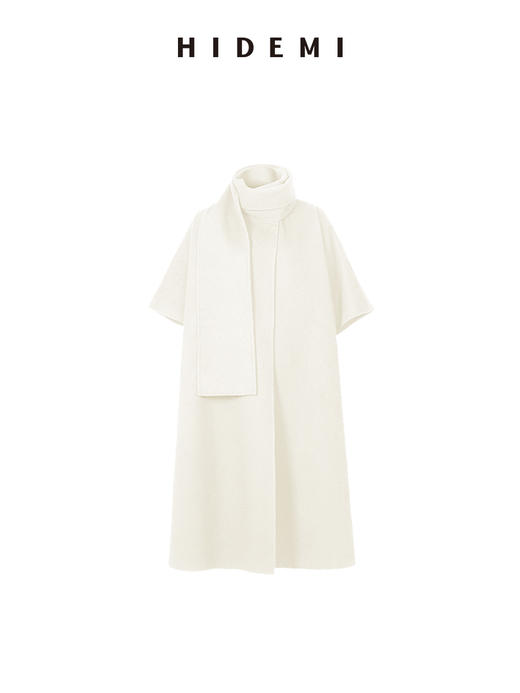 HIDEMI 简约设计感围巾式大廓形斗蓬双面呢大衣 黑色/奶白色 商品图5