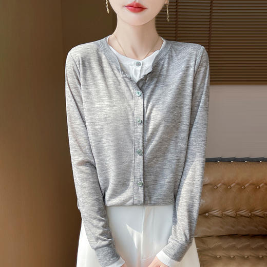 奥伊米初秋100%天丝女士圆领假两件修身气质薄款针织开衫RWM34 商品图2