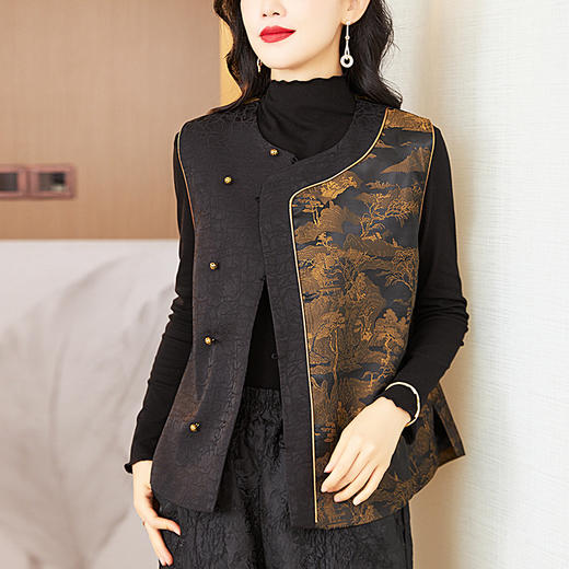 KQL 422H2868黑色拼接马甲国风提花无袖马夹 商品图0