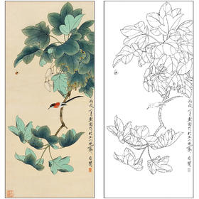工笔画白描底稿于非闇花鸟《花鸟》临摹勾线高清打印稿FA43